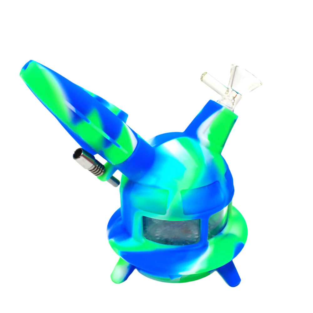 6-inch LED Rocket Silicone Dab Rig Water Pipe with 14mm Male Glass Bowl featuring a rocket design, durable silicone body, LED lighting, and compact water chamber.