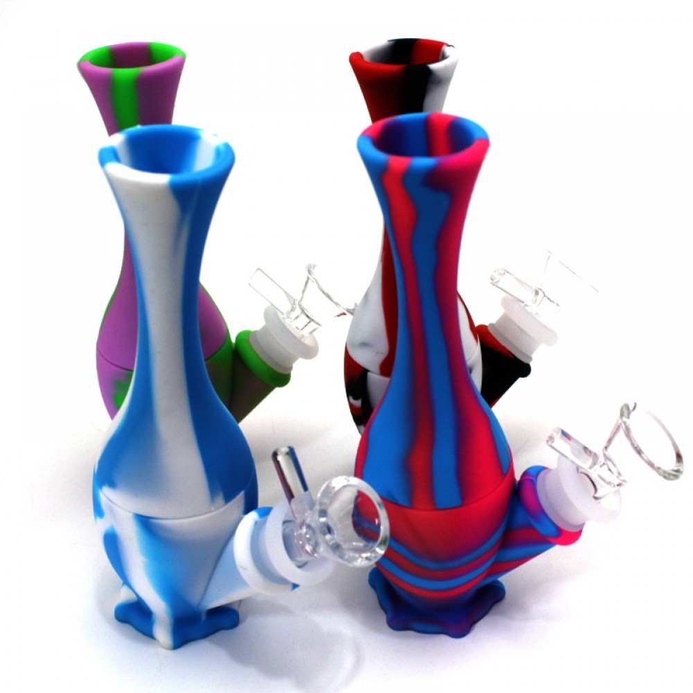6-inch Multicolor Silicone 2-Part Water Pipe with 14mm Male Bowl featuring a vibrant design, durable silicone construction, compact size, and built-in water chamber.