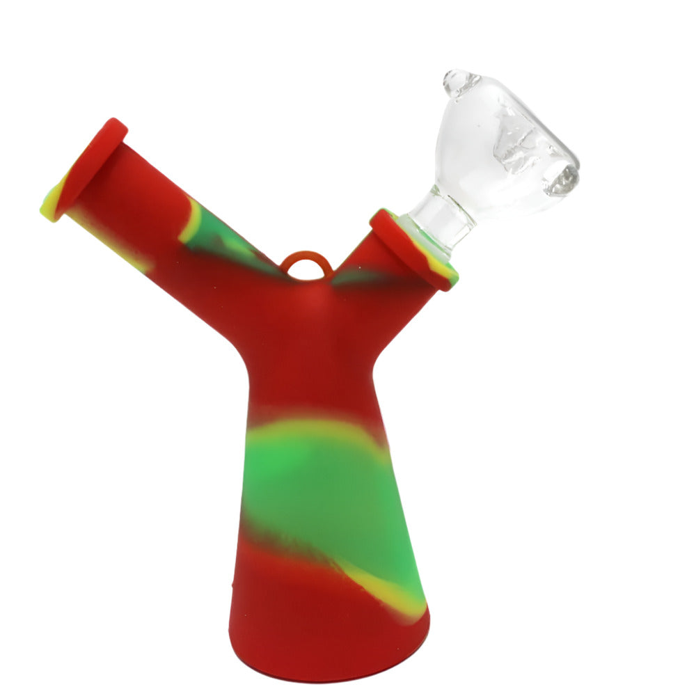 6-inch Multicolor Silicone Dab Rig with 14mm Banger featuring a vibrant two-tone design, durable silicone construction, compact body, and built-in water chamber.