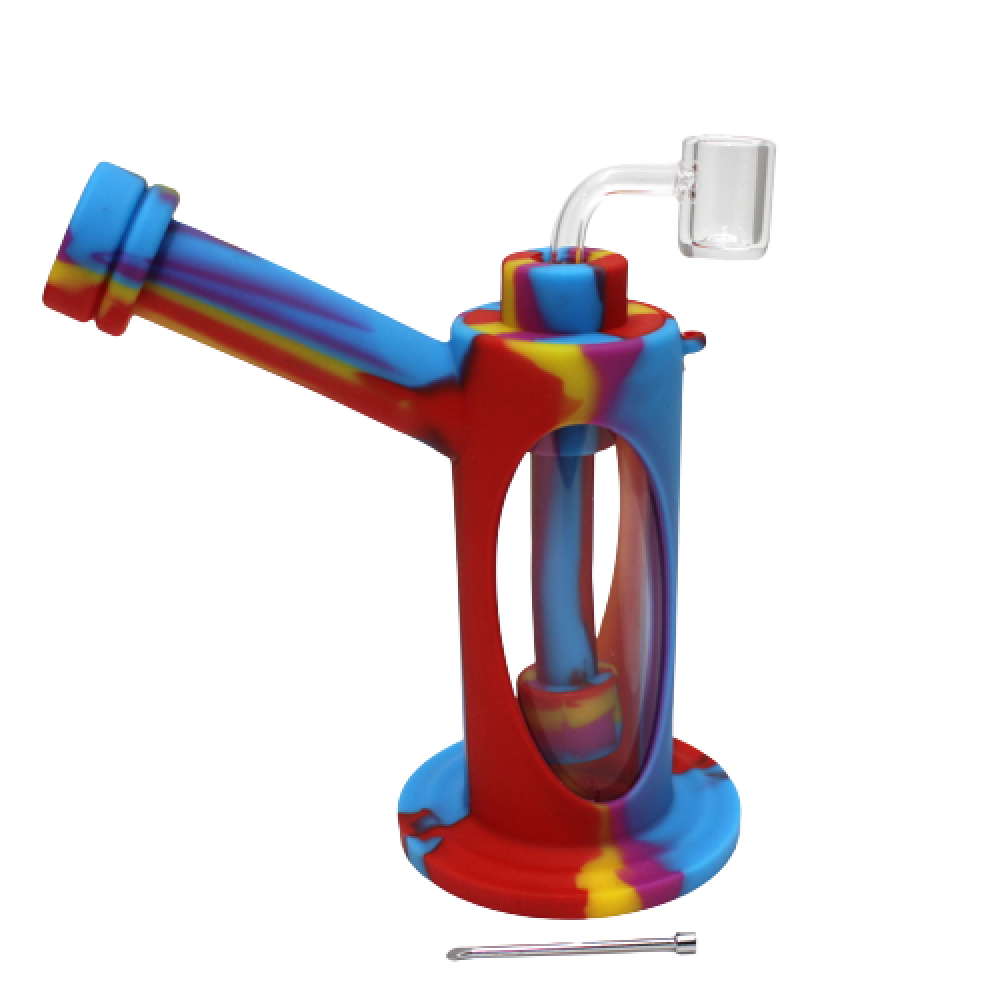 6-inch Multi-Color Silicone and Glass Dab Rig with 14mm Banger featuring a colorful design, durable silicone construction, glass components, and compact water filtration chamber.