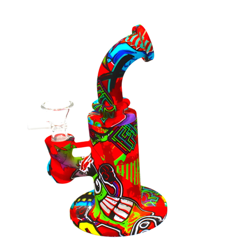 6-inch Multicolor Silicone Water Pipe with 14mm Male Handle Bowl featuring a durable two-part design, vibrant colors, compact size, and built-in water chamber.