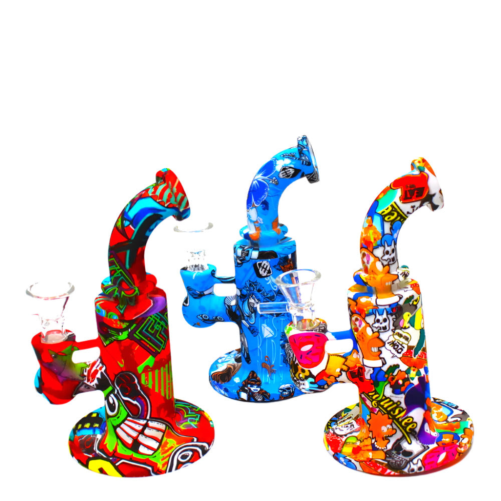 6-inch Silicone 2-Part Multicolor Water Pipe with 14mm Male Handle Bowl featuring a durable silicone body, vibrant colors, compact design, and water filtration.