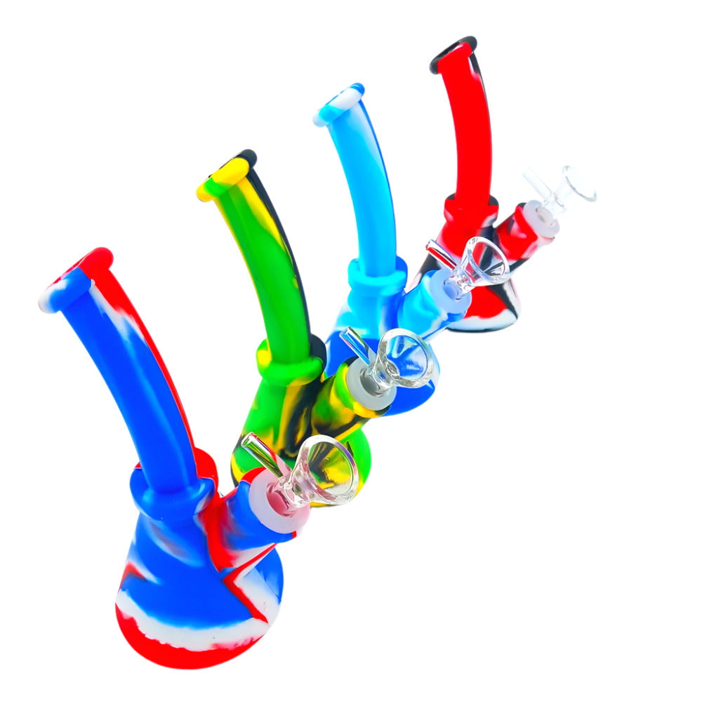 6-inch Silicone Beaker Base Water Pipe with 14mm Glass Bowl featuring durable silicone construction, stable beaker base, spacious water chamber, and compact design.