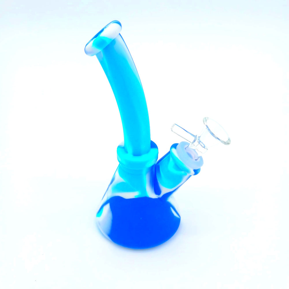 6-inch Silicone Beaker Water Pipe with 14mm Glass Bowl featuring a durable silicone body, beaker-style base, built-in water chamber, and compact portable design.