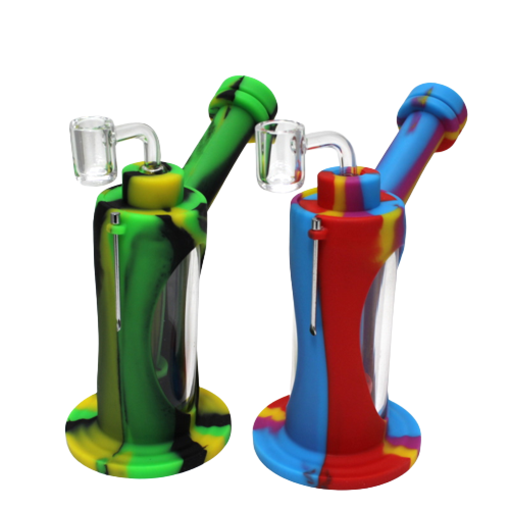 6-inch Silicone and Glass Multi-Color Dab Rig with 14mm Banger featuring a vibrant multicolor design, durable silicone body, glass components, and compact water chamber.