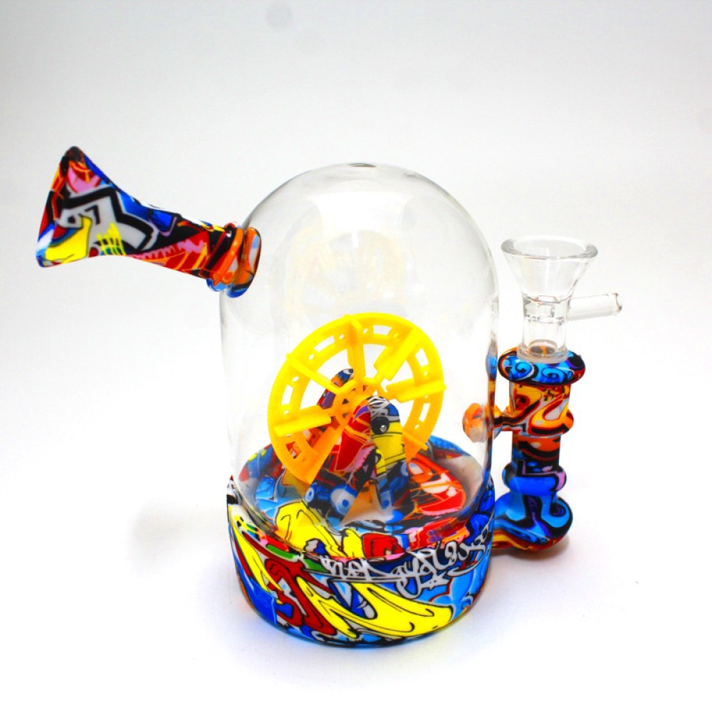 6-inch Silicone and Glass Water Wheel Pipe featuring a distinctive water wheel design, durable silicone body, glass components, compact size, and built-in water chamber.