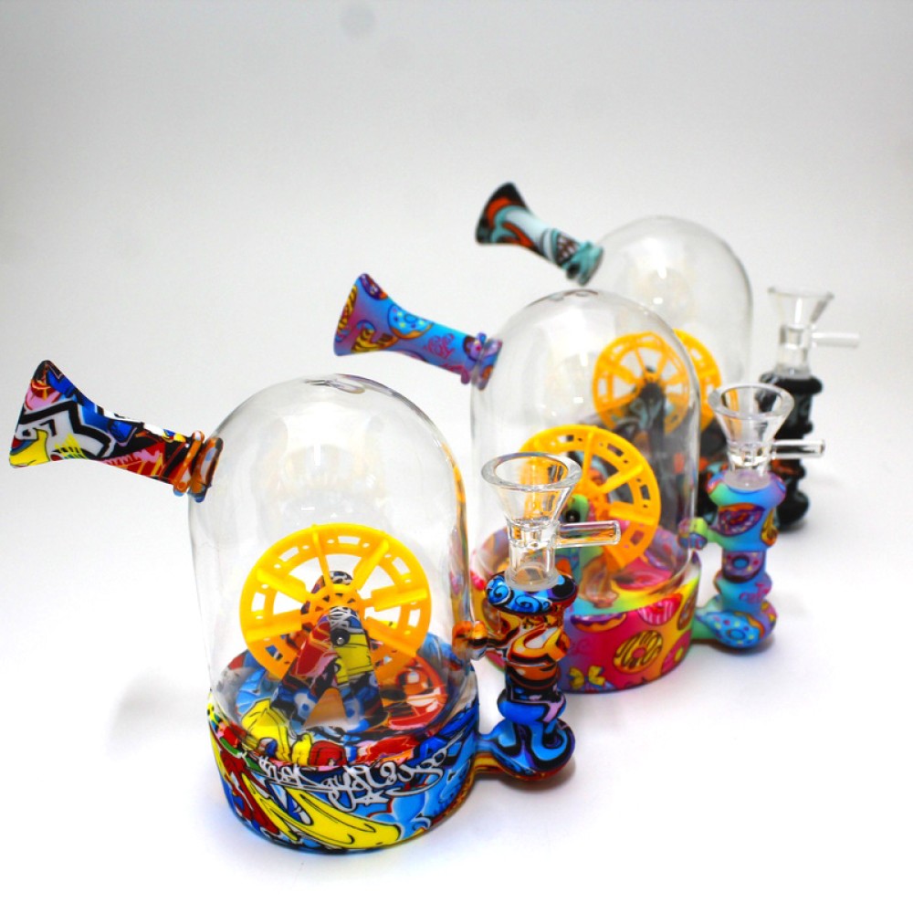 6-inch Silicone and Glass Water Wheel Water Pipe featuring a unique water wheel design, durable silicone construction, glass components, and compact size.
