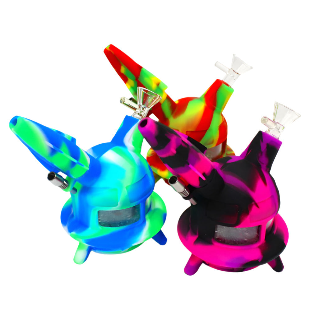 6-inch Silicone LED Rocket Design Dab Rig featuring LED lighting, durable silicone construction, 14mm male glass bowl, compact size, and water chamber.