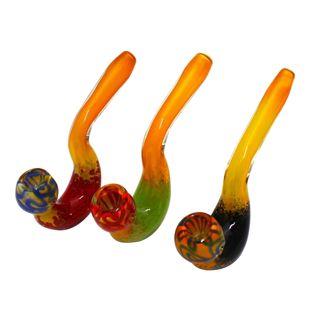 6-inch upright multi color glass Sherlock pipe featuring a vibrant multicolor finish, classic curved design, durable glass construction, smooth polished surface, and upright profile.