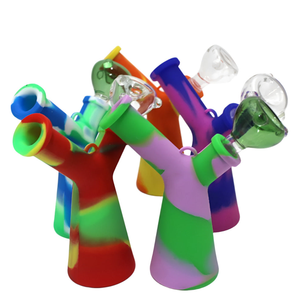 6-inch Multi-Color Silicone Dab Rig with 14mm Banger featuring a durable silicone body, vibrant multicolor design, compact size, and water filtration chamber.