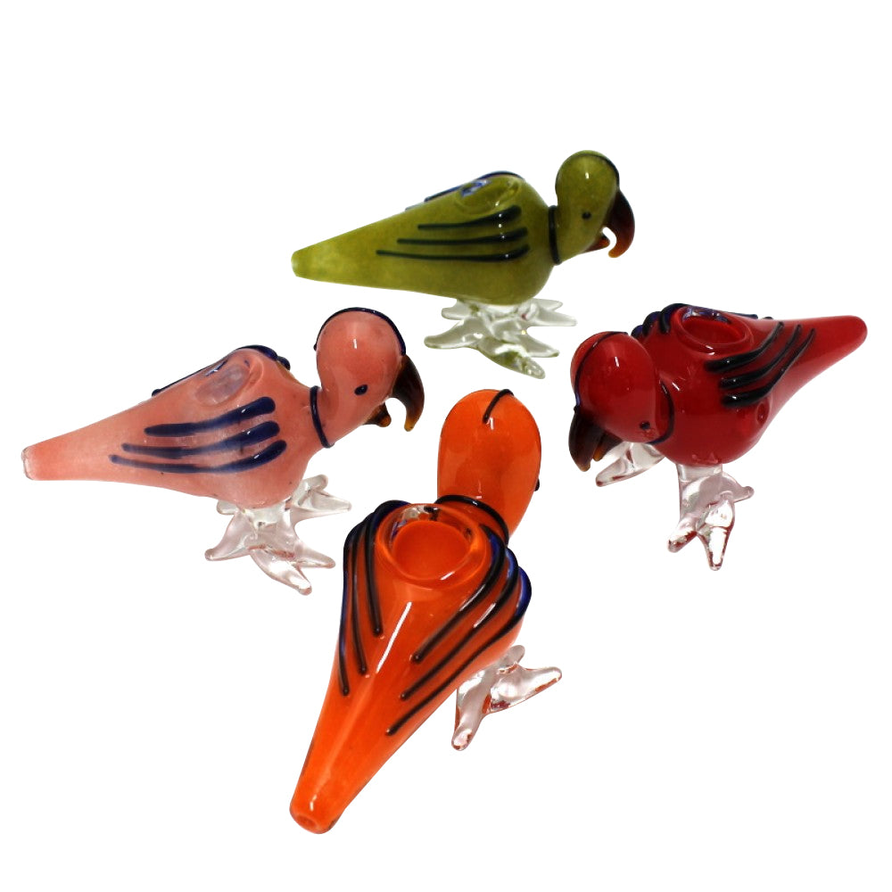 6" Parrot Shape Assorted Color Glass Hand Pipe featuring a unique bird-inspired design, vibrant color variations, durable glass construction, smooth polished finish, and artistic detailing.