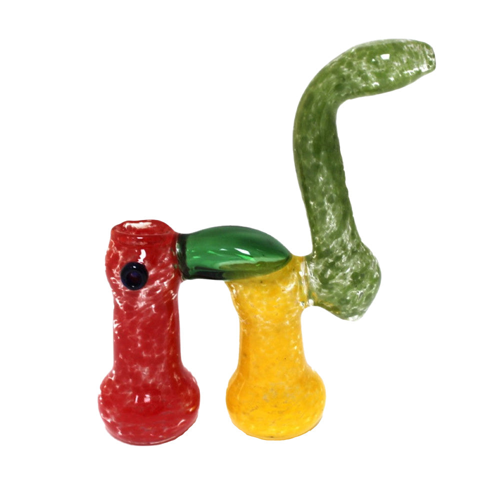 7-inch double chamber Rasta color glass bubbler featuring vibrant colors, large size, distinctive dual-chamber design, and durable glass construction.