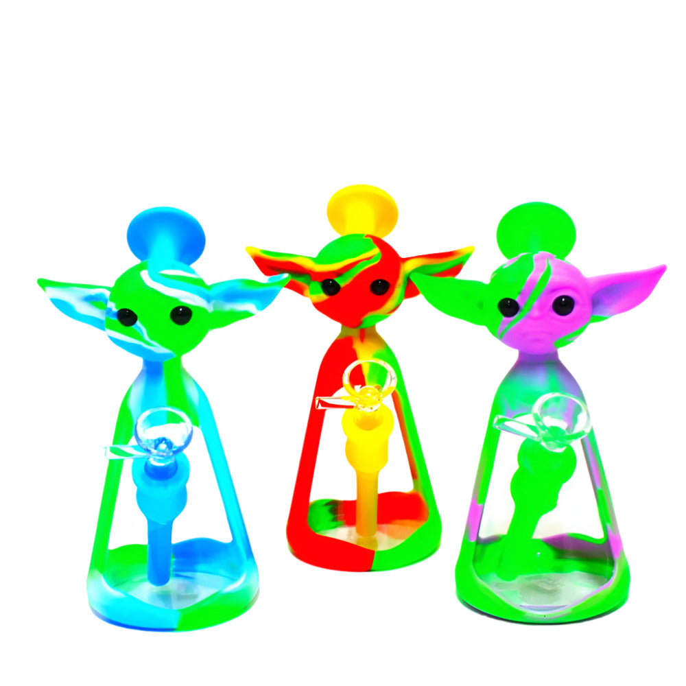 7-inch Fancy Design Silicone and Glass Water Pipe featuring a stylish design, durable silicone body, glass components, compact size, and built-in water chamber.