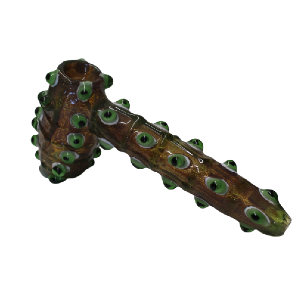 7-inch green dot purple hammer glass bubbler featuring a bold purple finish, green dot detailing, large size, and durable glass construction.