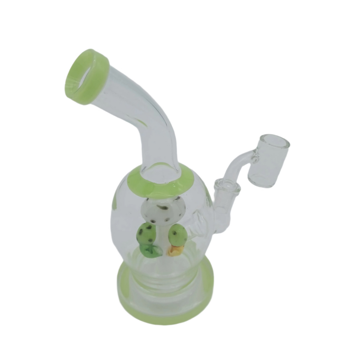 7-inch Mushroom Glass Dab Rig with 14mm Male Banger featuring a distinctive mushroom-inspired design, durable glass construction, water filtration, and stable base.