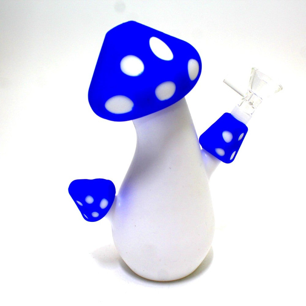 7-inch Mushroom Shaped Silicone Water Pipe featuring a distinctive mushroom design, durable silicone construction, compact size, stable base, and built-in water chamber.