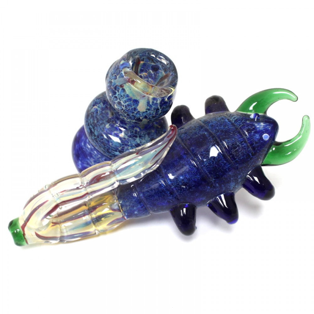 7-inch scorpion design blue art color glass bubbler featuring vibrant blue artwork, large size, and distinctive scorpion-inspired detailing.