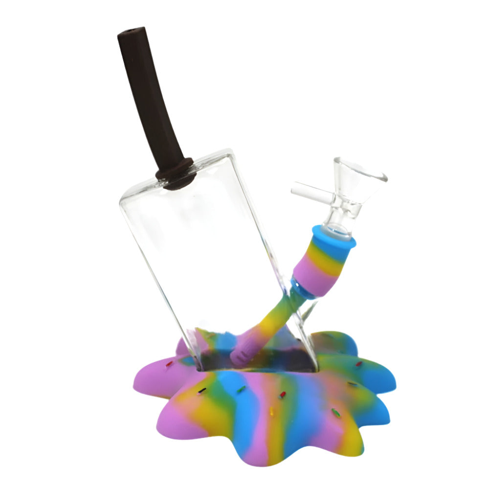 7-inch Silicone Base Multi-Color Juice Box Style Water Pipe featuring a vibrant design, durable silicone base, glass components, compact size, and built-in water chamber.