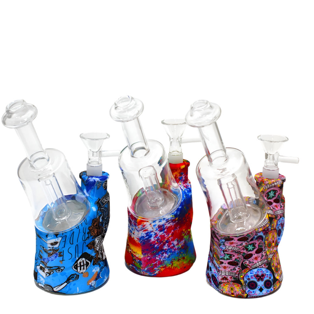 7-inch Silicone with Glass Chamber Water Pipe featuring durable silicone construction, glass chamber, compact design, and built-in water chamber.