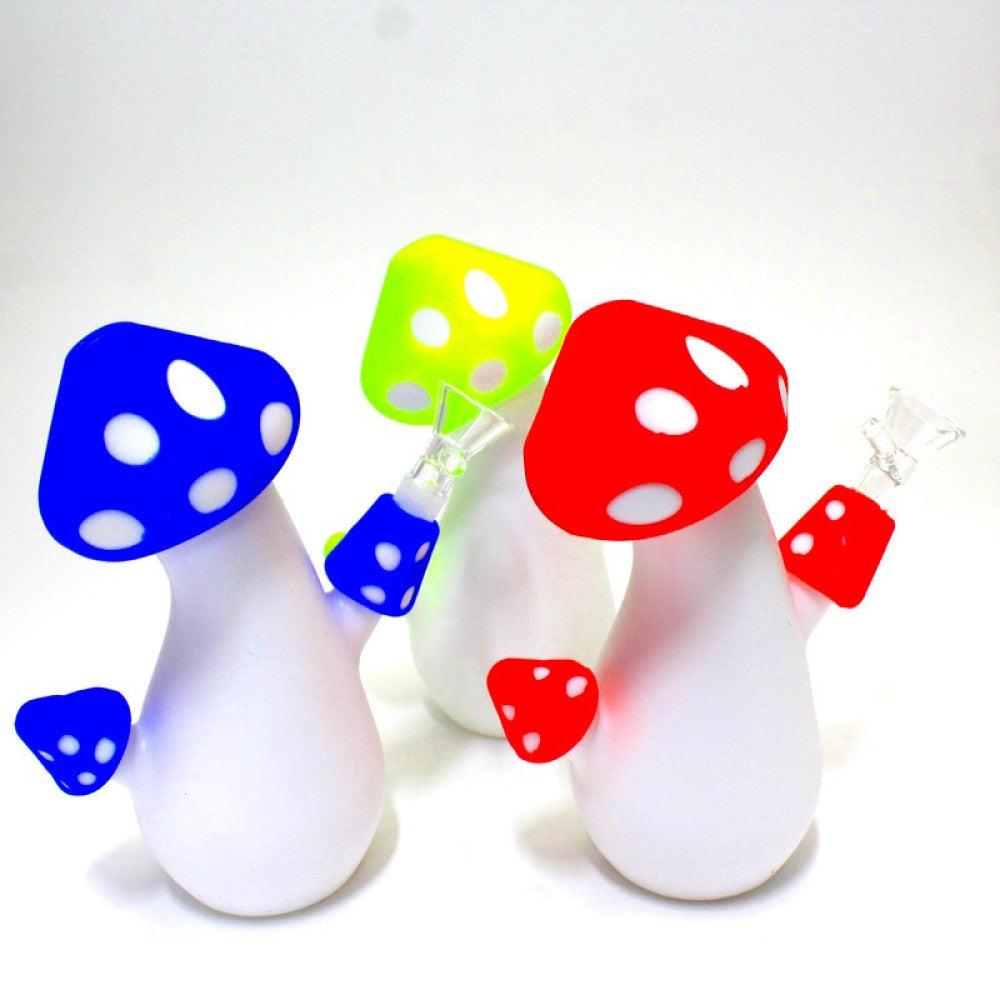 7-inch Silicone Mushroom Shaped Water Pipe featuring a fun mushroom design, durable silicone construction, compact size, stable base, and built-in water chamber.