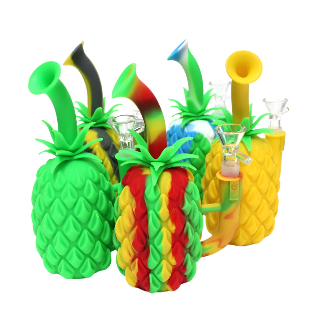 7-inch Silicone Pineapple Design Water Pipe featuring a fun pineapple-inspired shape, durable silicone construction, compact size, and built-in water chamber.
