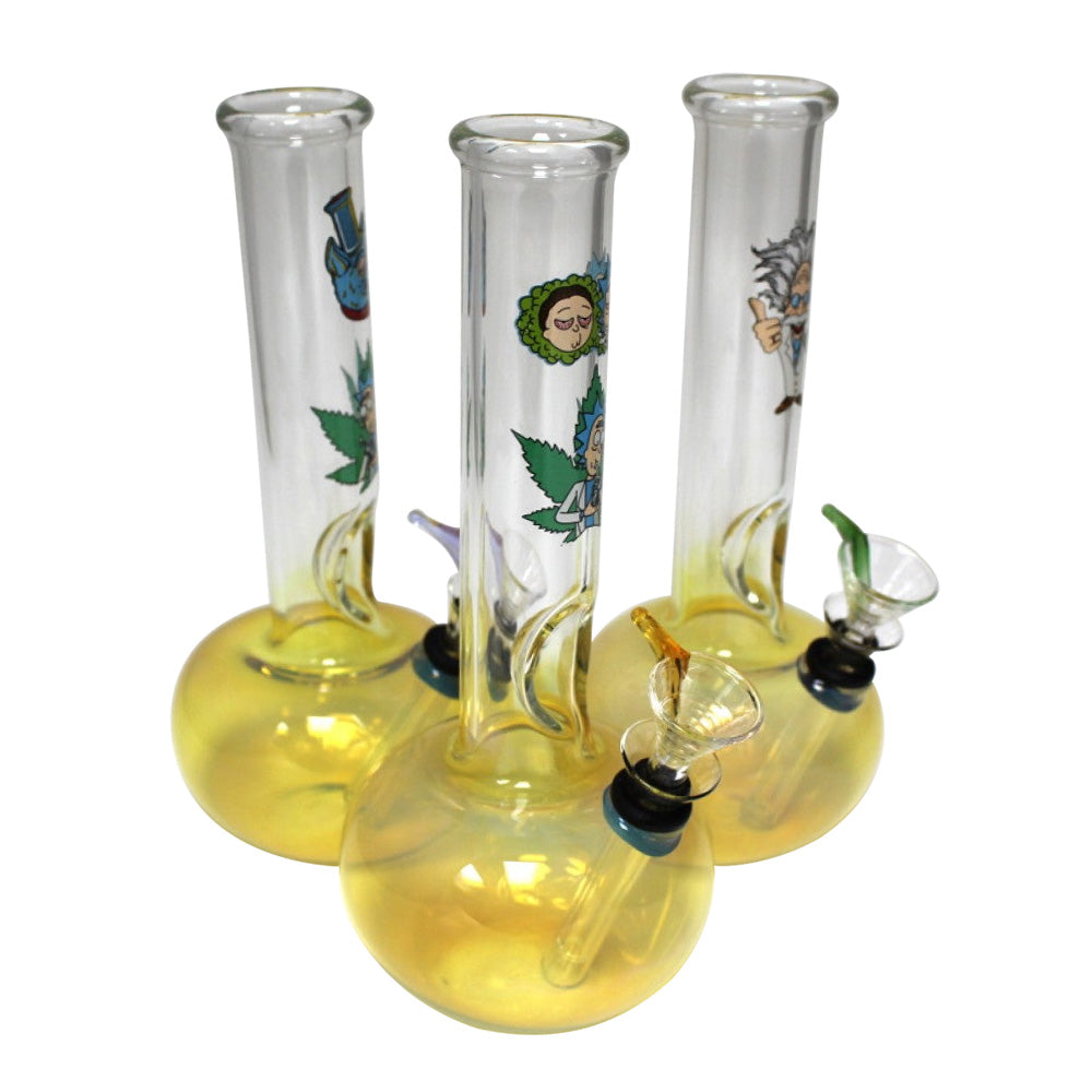 8.5-inch Round Base Sticker Design Water Pipe featuring unique sticker artwork, durable glass construction, stable round base, compact design, and built-in water chamber.