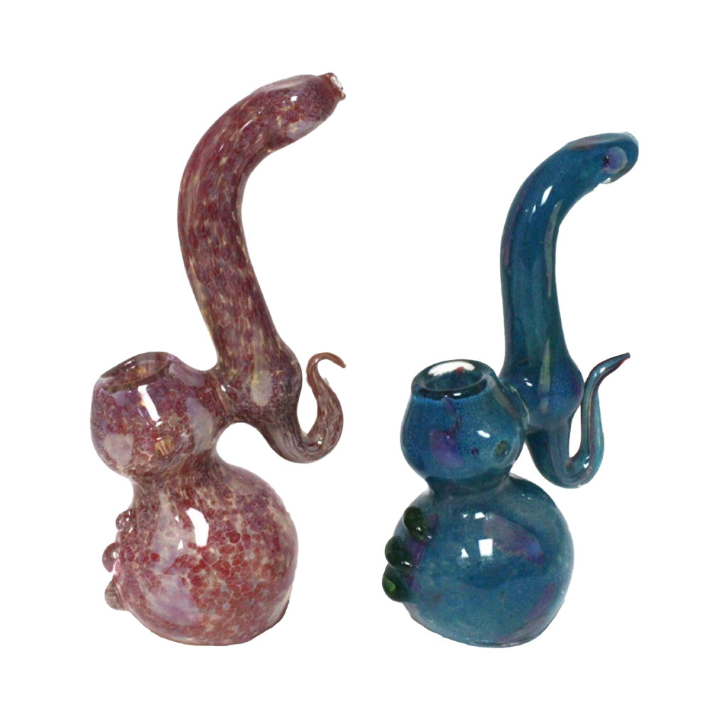 8-inch blue purple hook design Sherlock glass bubbler featuring vibrant colors, a curved profile, large size, and heavy-duty glass construction.
