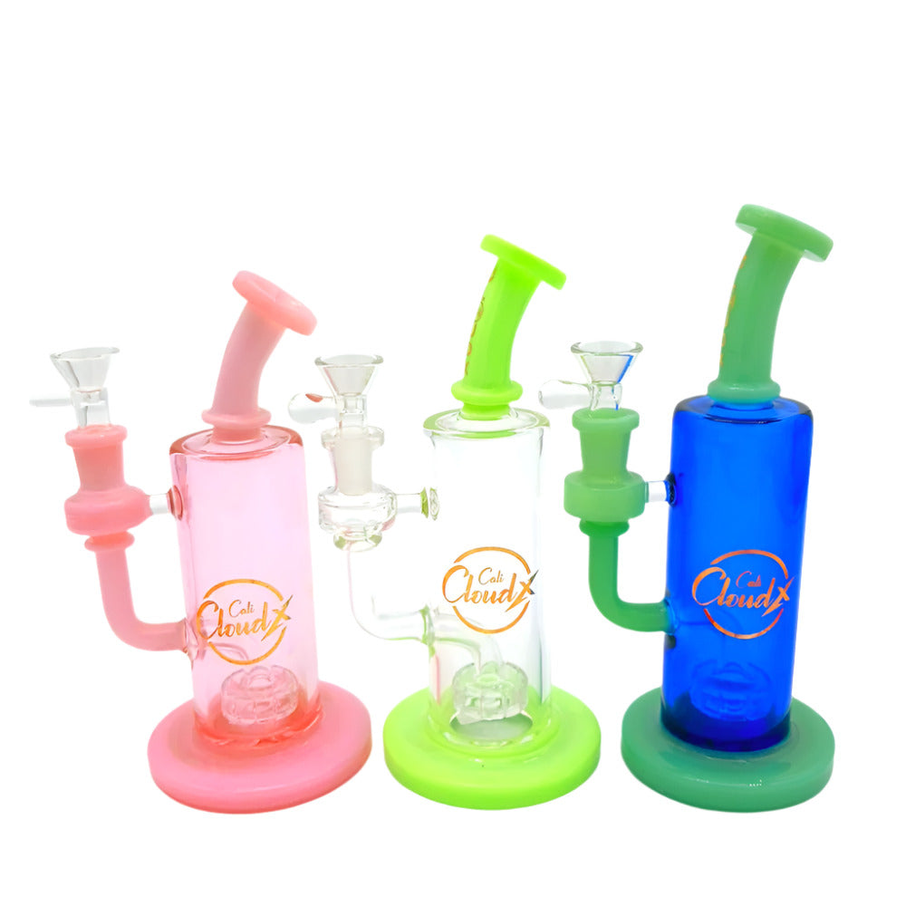 8-inch Cali Cloudx color water pipe featuring durable glass construction, vibrant finish, stable base, and 14mm male handle bowl with a sleek compact design.