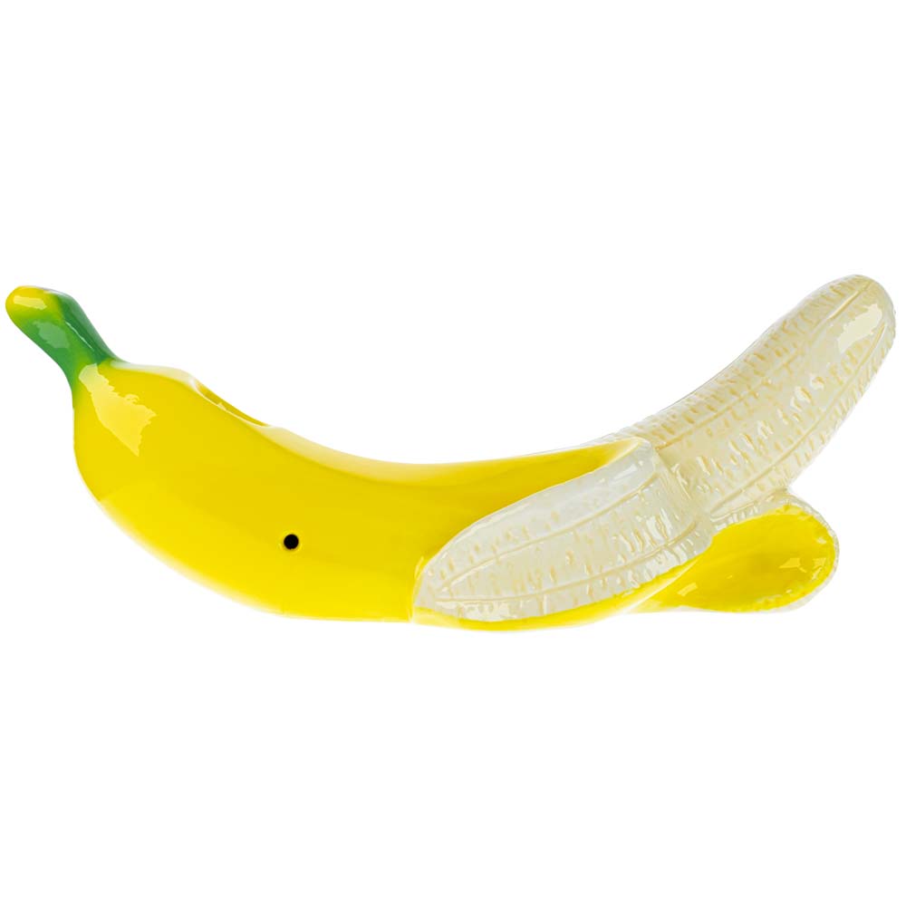 8-inch ceramic banana design pipe featuring a distinctive curved shape, smooth ceramic finish, durable construction, and unique decorative styling.