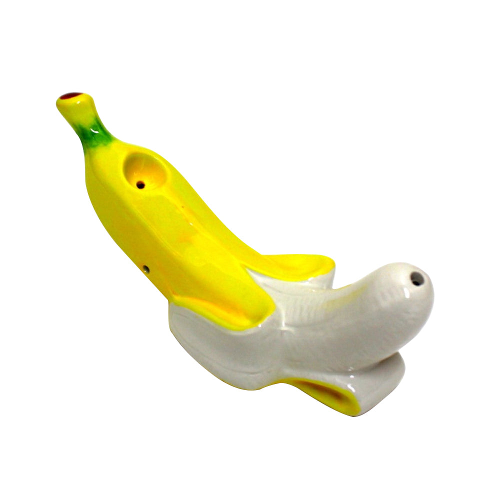 8-inch ceramic banana hand pipe featuring a unique banana-inspired design, smooth ceramic finish, decorative detailing, and distinctive styling.