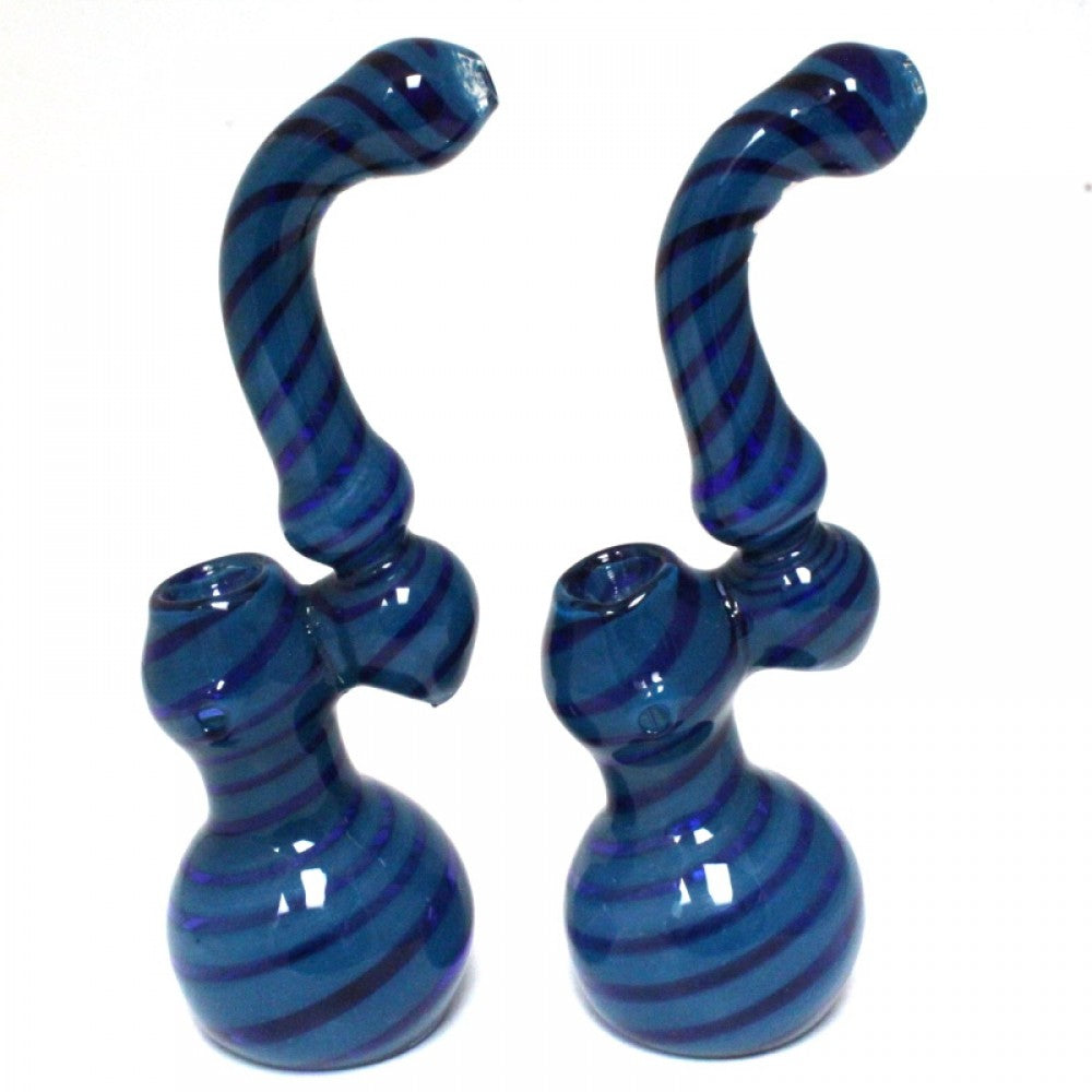 9.5-inch blue swirl art Sherlock heavy-duty glass bubbler featuring vibrant blue patterns, curved design, large size, and durable glass construction.