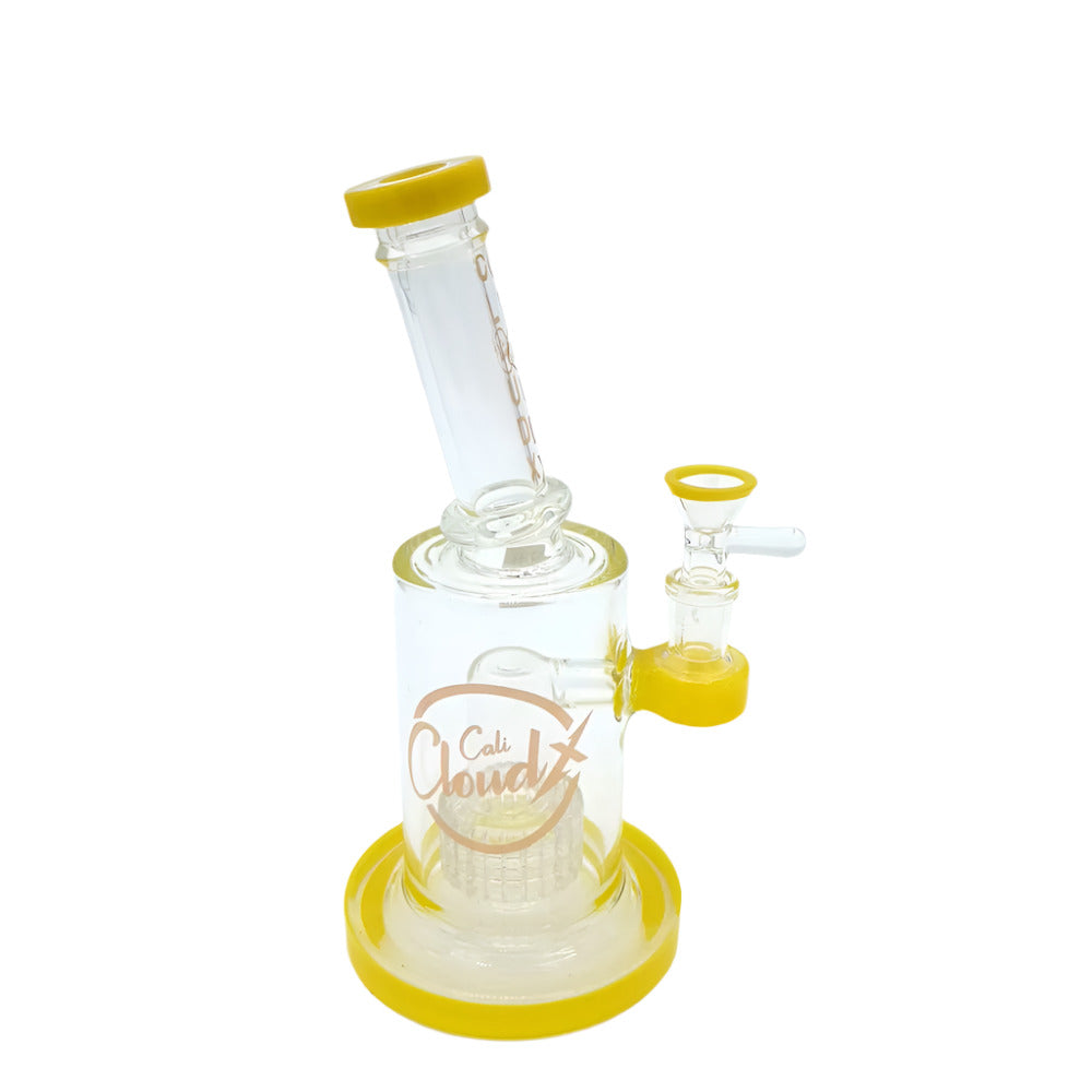 9-inch Cali Cloudx showerhead glass water pipe featuring a detailed percolator, durable glass construction, sturdy base, smooth polished finish, and compact modern design.