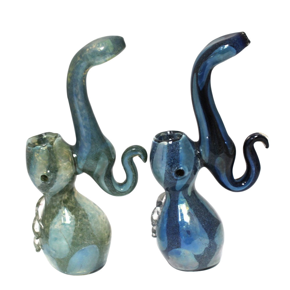 9-inch hook design purple color glass bubbler featuring a distinctive curved shape, vibrant purple finish, large size, and durable glass construction.