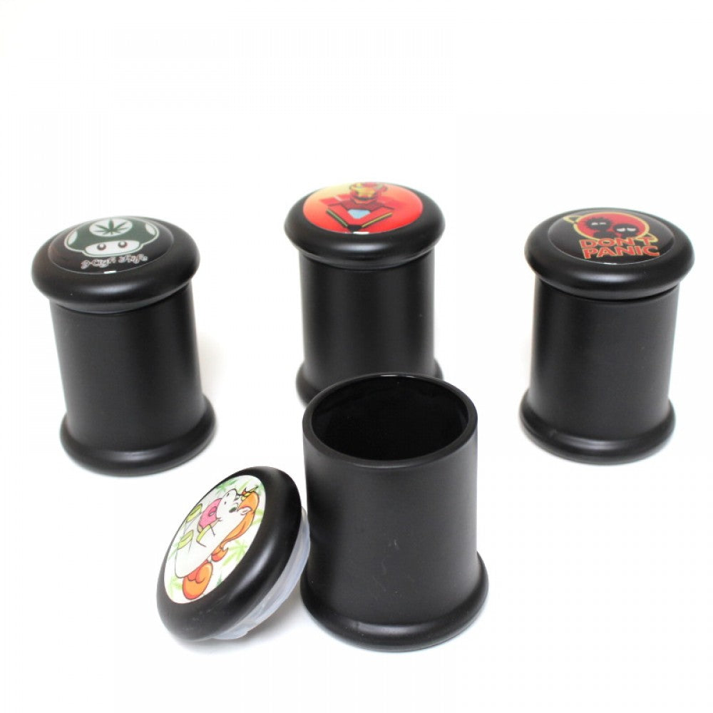 Glass Jar Black Color With Top Assorted Sticker Design Small Size
