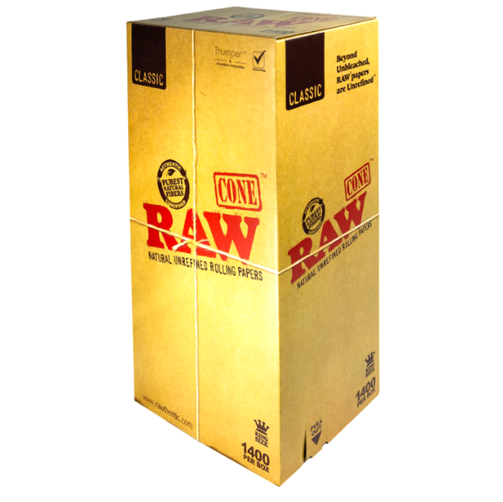 Raw Classic King Size pre-rolled cones, bulk box of 1400 natural unbleached rolling papers