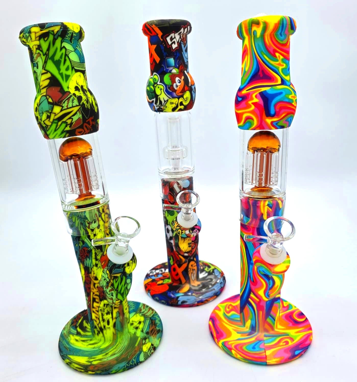 12" Silicon Printed Design  Round Base Straight Glass Percolator/showerhead Water Pipe