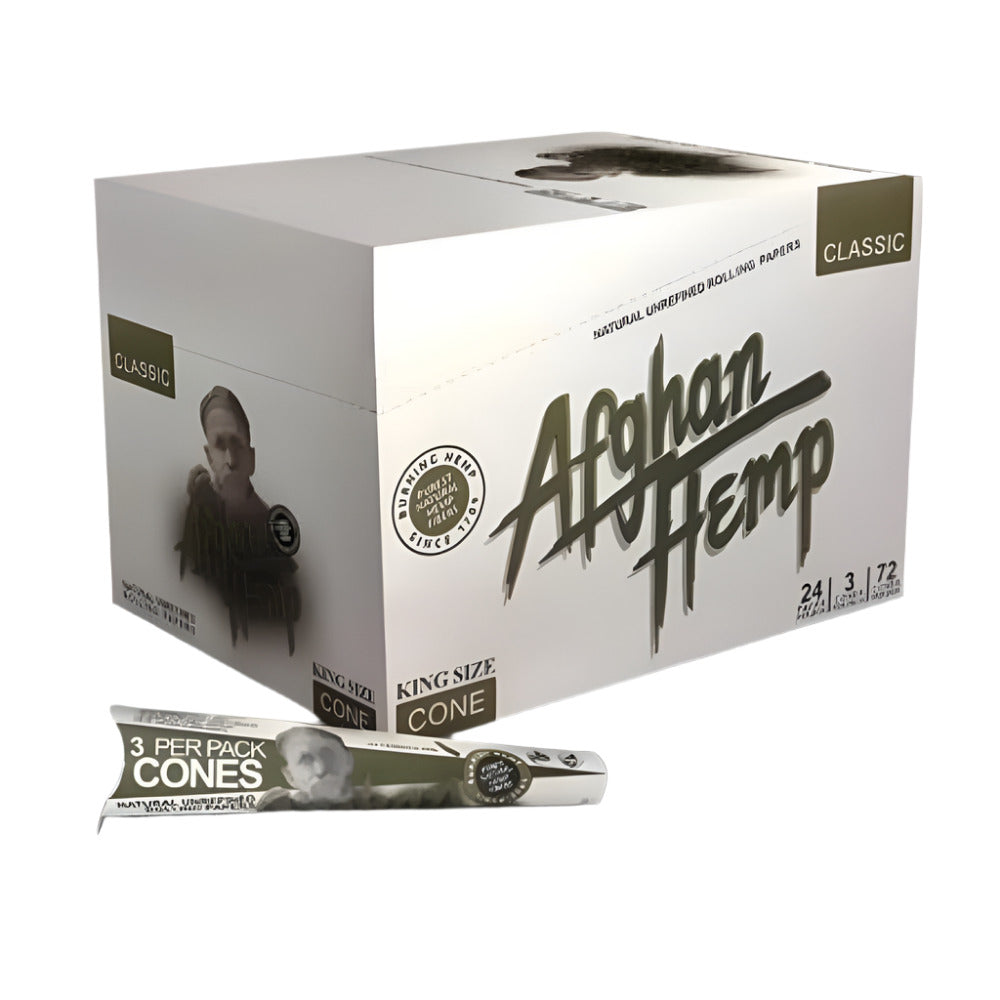 Afghan Hemp Classic King Size cones featuring hemp-based rolling paper, pre-rolled cone design, classic natural appearance, and 72 cones per box.