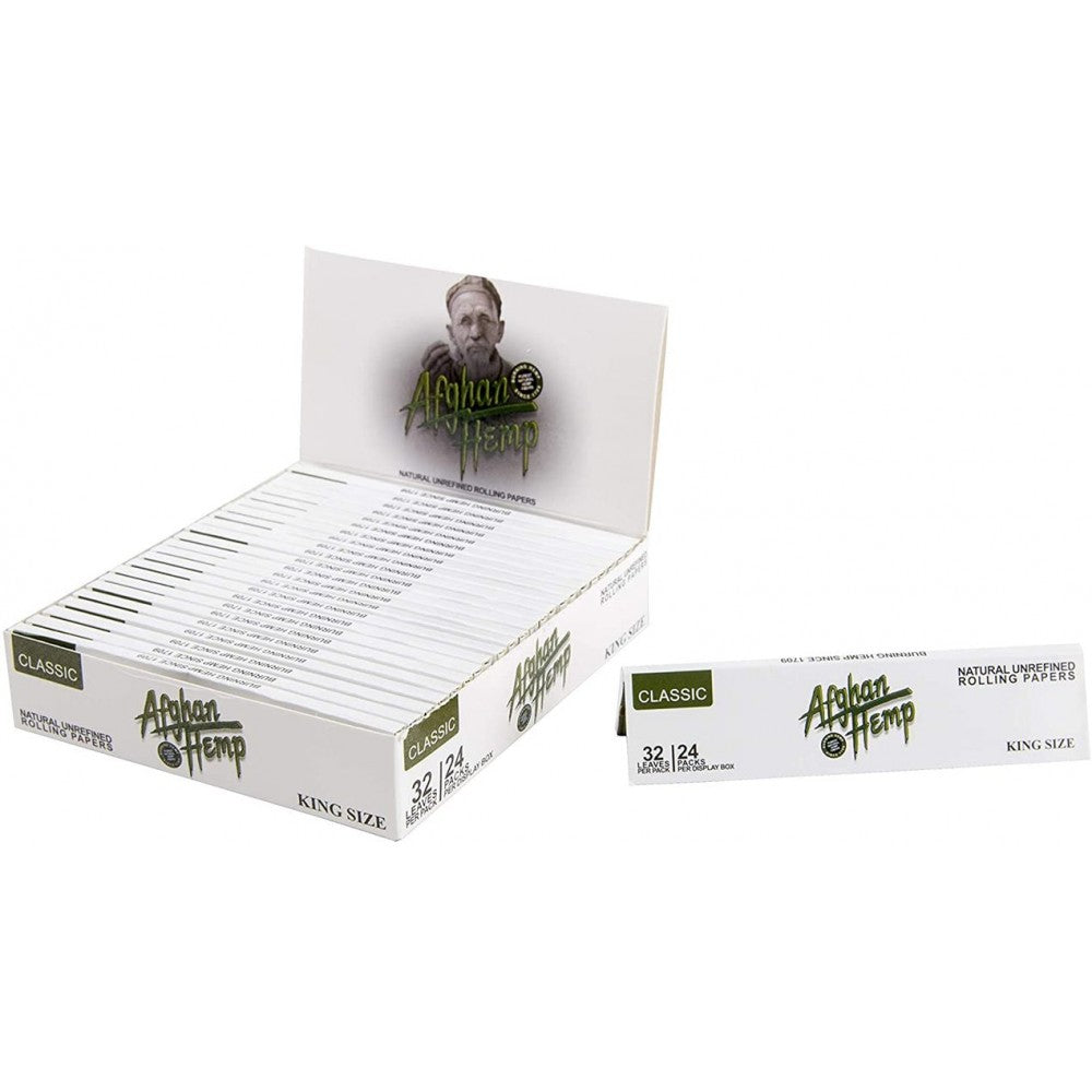Afghan Hemp Classic King Size rolling papers featuring hemp-based paper, classic packaging, smooth lightweight construction, and 24/32 per box configuration.