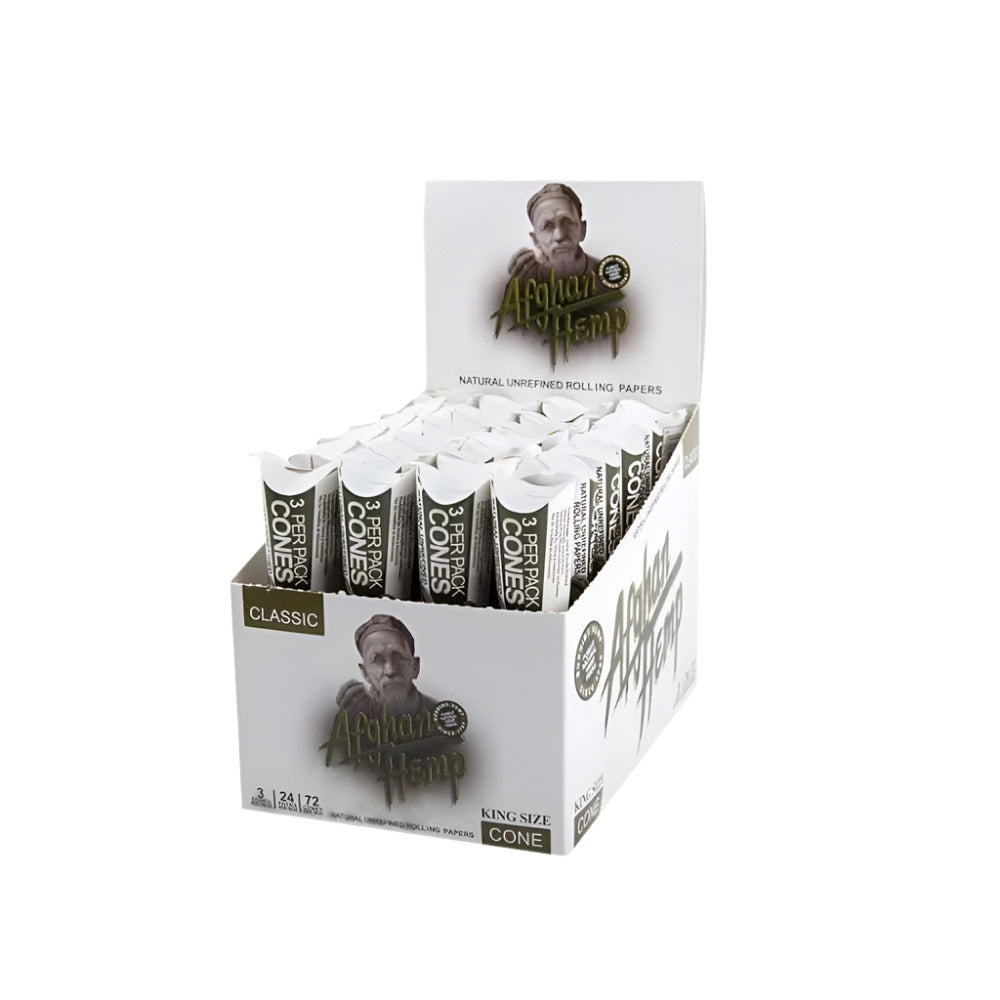 Afghan Hemp Classic King Size pre-rolled cones featuring hemp-based paper, convenient cone shape, classic natural design, and 72 cones per box.