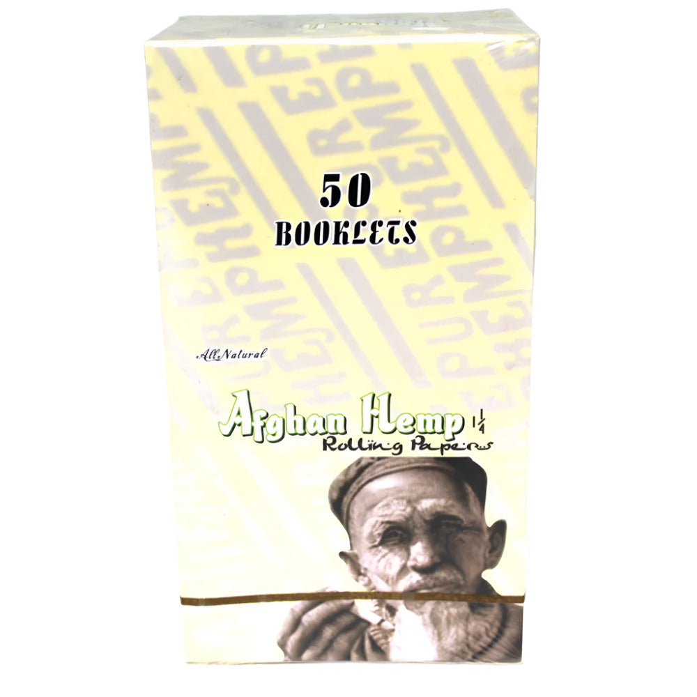 Afghan Hemp Rolling Papers featuring hemp-based paper, classic natural styling, smooth lightweight construction, and 50 booklets per box.