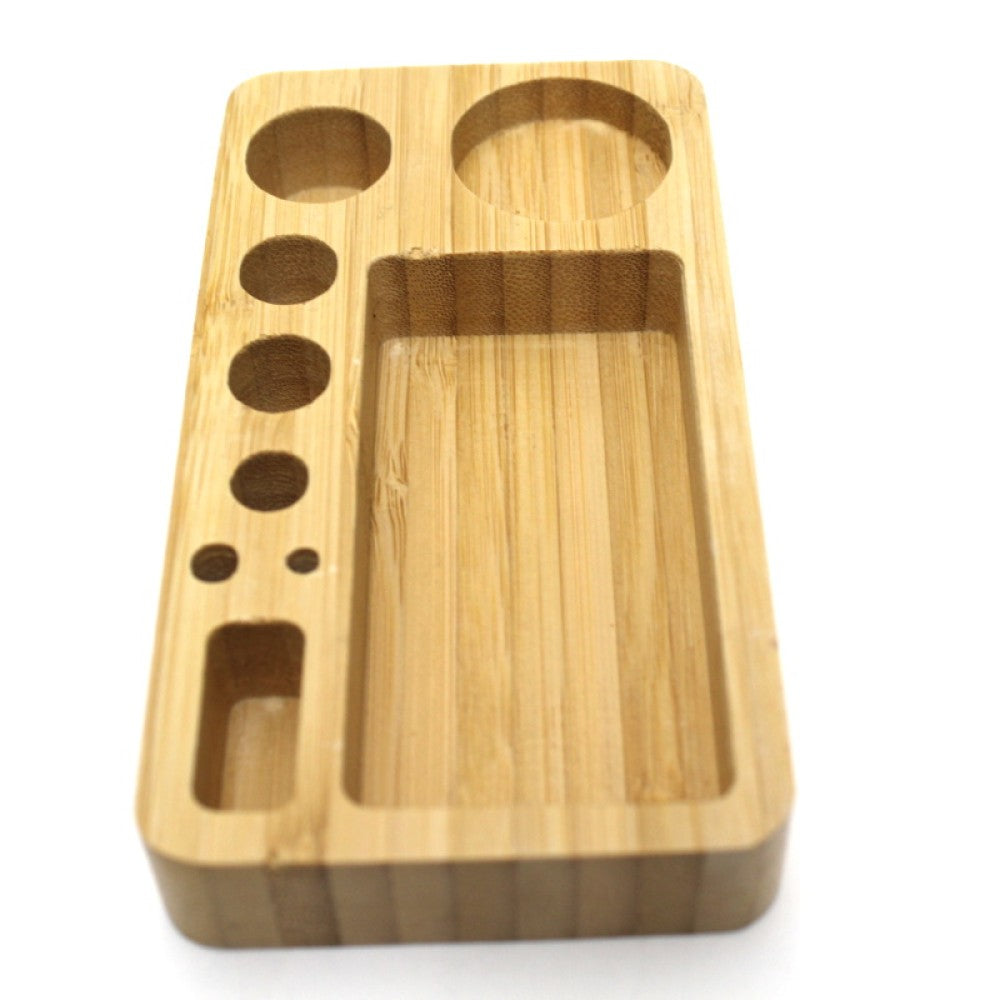 5.5 x 3 inch Bamboo Rolling Tray featuring natural bamboo construction, smooth surface, raised edges, compact size, and lightweight design.