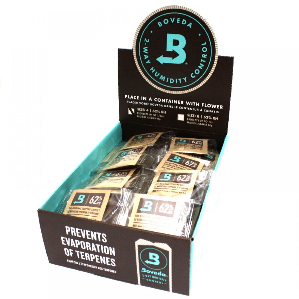 Boveda 62% RH 2-Way Humidity Control Size 4 with 100 pieces per pack, designed to help maintain consistent humidity levels and protect stored products from excess dryness or moisture.