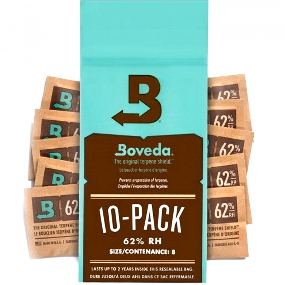 Boveda 62% RH 2-Way Humidity Control Size 8 with a convenient 10-pack configuration, designed to help maintain consistent humidity levels and protect stored products.