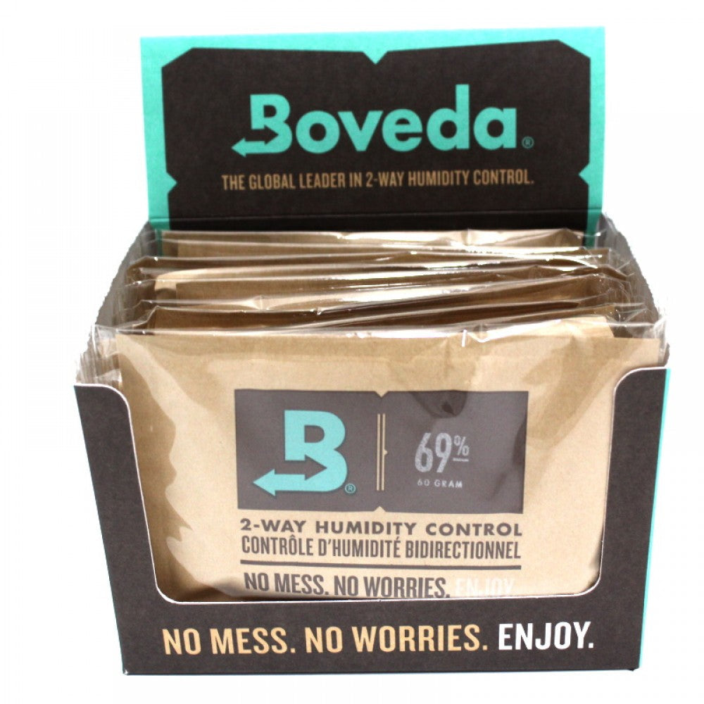Boveda 69% RH 2-Way Humidity Control with 12 pieces per pack, designed to help maintain consistent humidity levels and protect stored products from excess dryness or moisture.