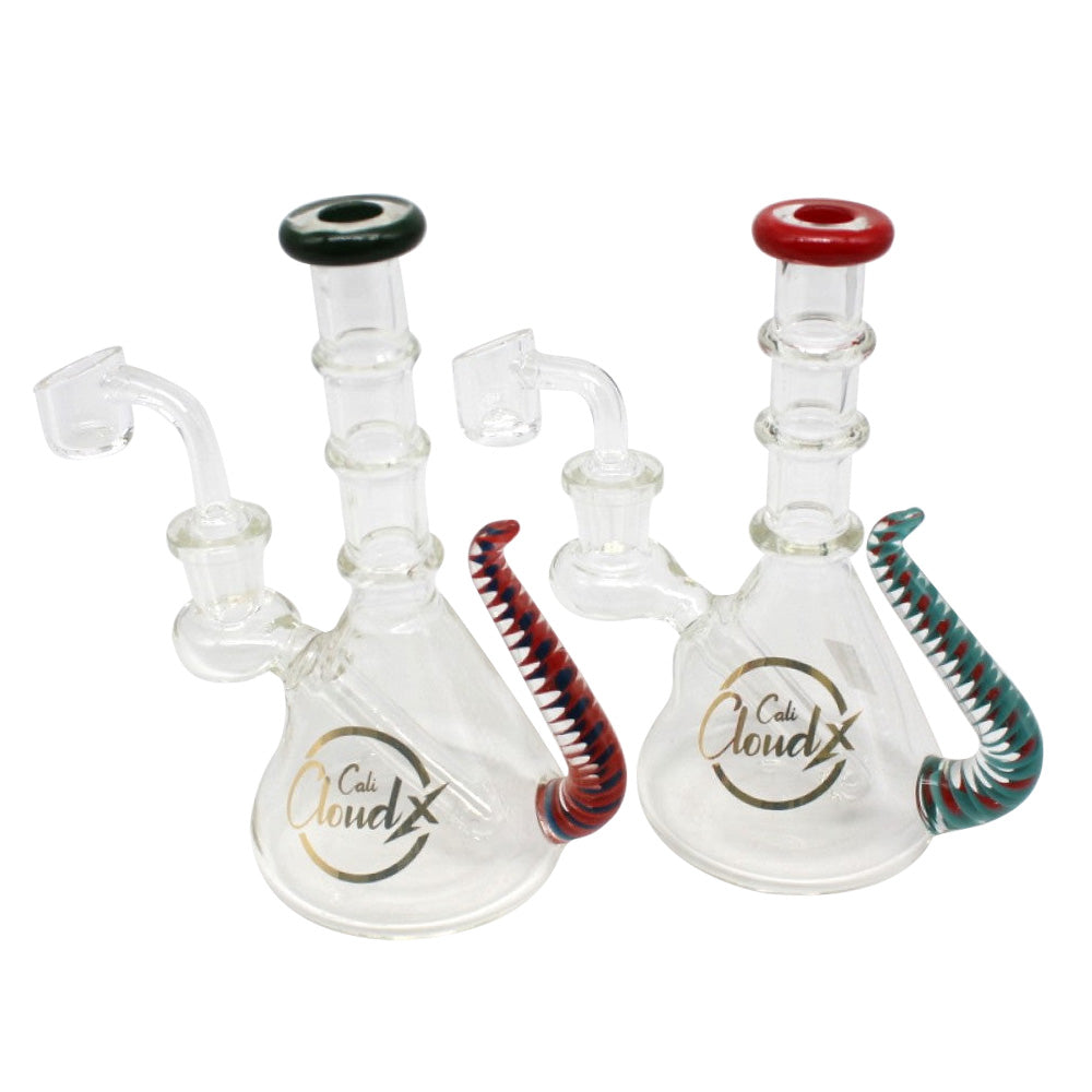 Cali Cloudx side cart holder dab rig water pipe with 14mm male banger, featuring durable glass construction, integrated side holder, sturdy base, smooth polished finish, and sleek design.