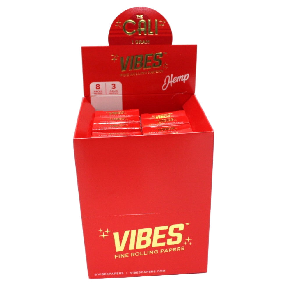 Cali Vibes 1g organic hemp cones with 24 cones per box, including 3 cones per pack and 8 packs per box, in convenient branded packaging.