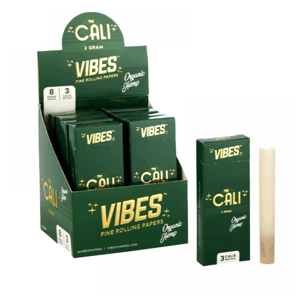 Cali Vibes 2-gram organic hemp cones with 24 cones per box, including 3 cones per pack and 8 packs per box, in convenient retail-ready packaging.