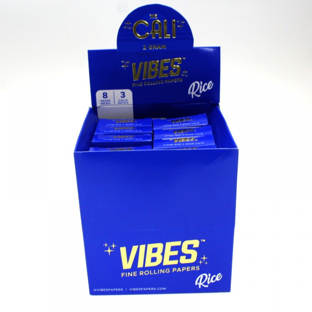 Cali Vibes 2g organic hemp cones with 3 cones per pack and 8 packs per box, offering 24 cones in total with convenient branded packaging.