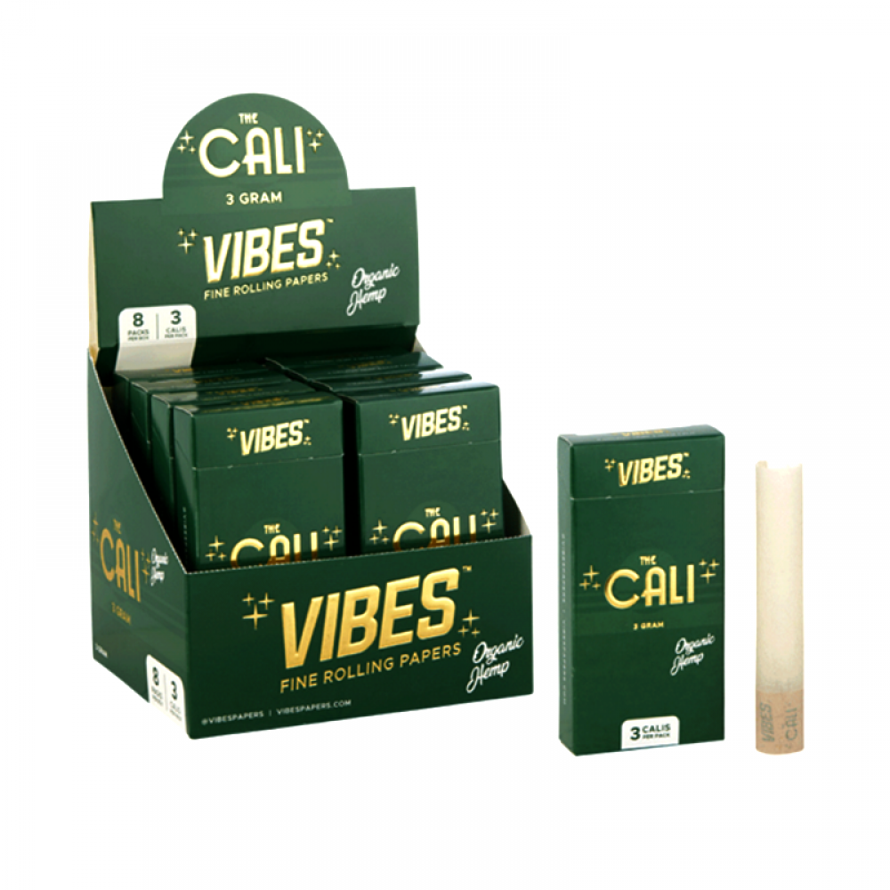 Cali Vibes 3-gram organic hemp cones with 24 cones per box, including 3 cones per pack and 8 packs per box, in convenient retail-ready packaging.
