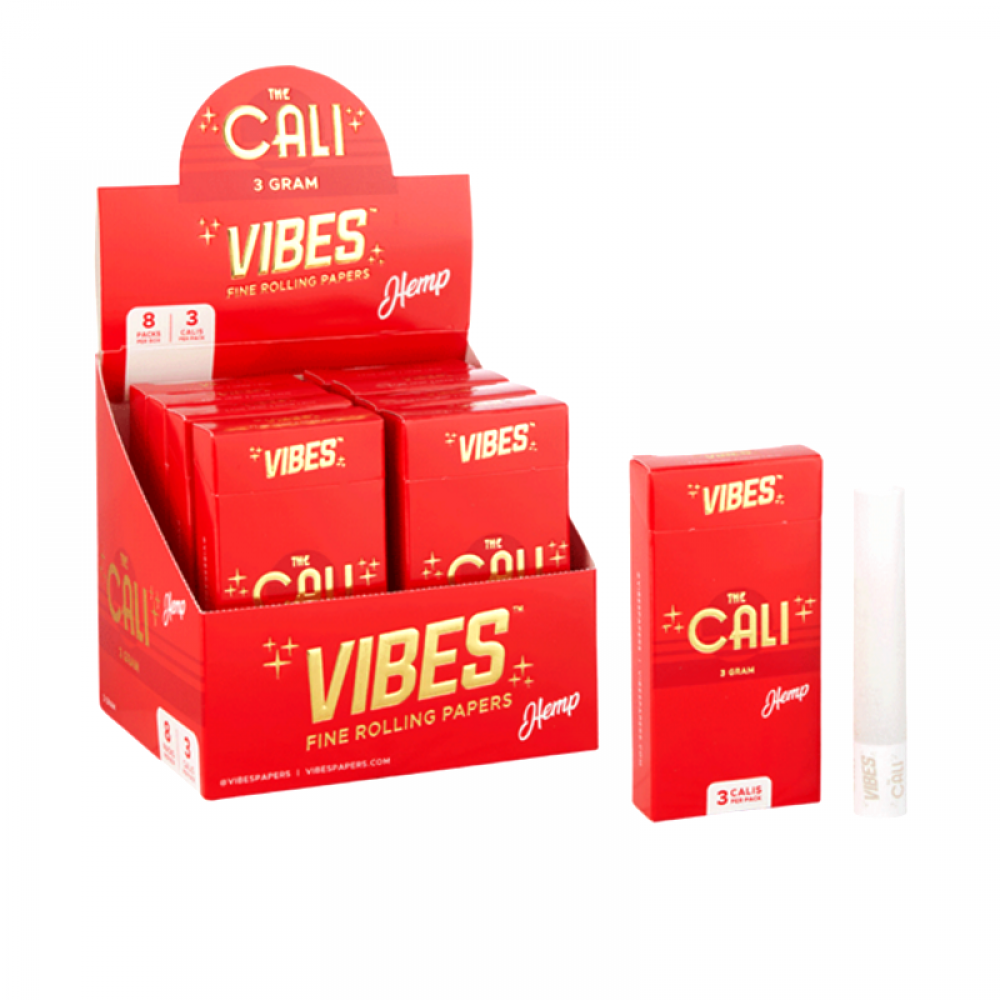 Cali Vibes 3g organic hemp cones with 3 cones per pack and 8 packs per box, offering 24 cones in total with convenient branded packaging.
